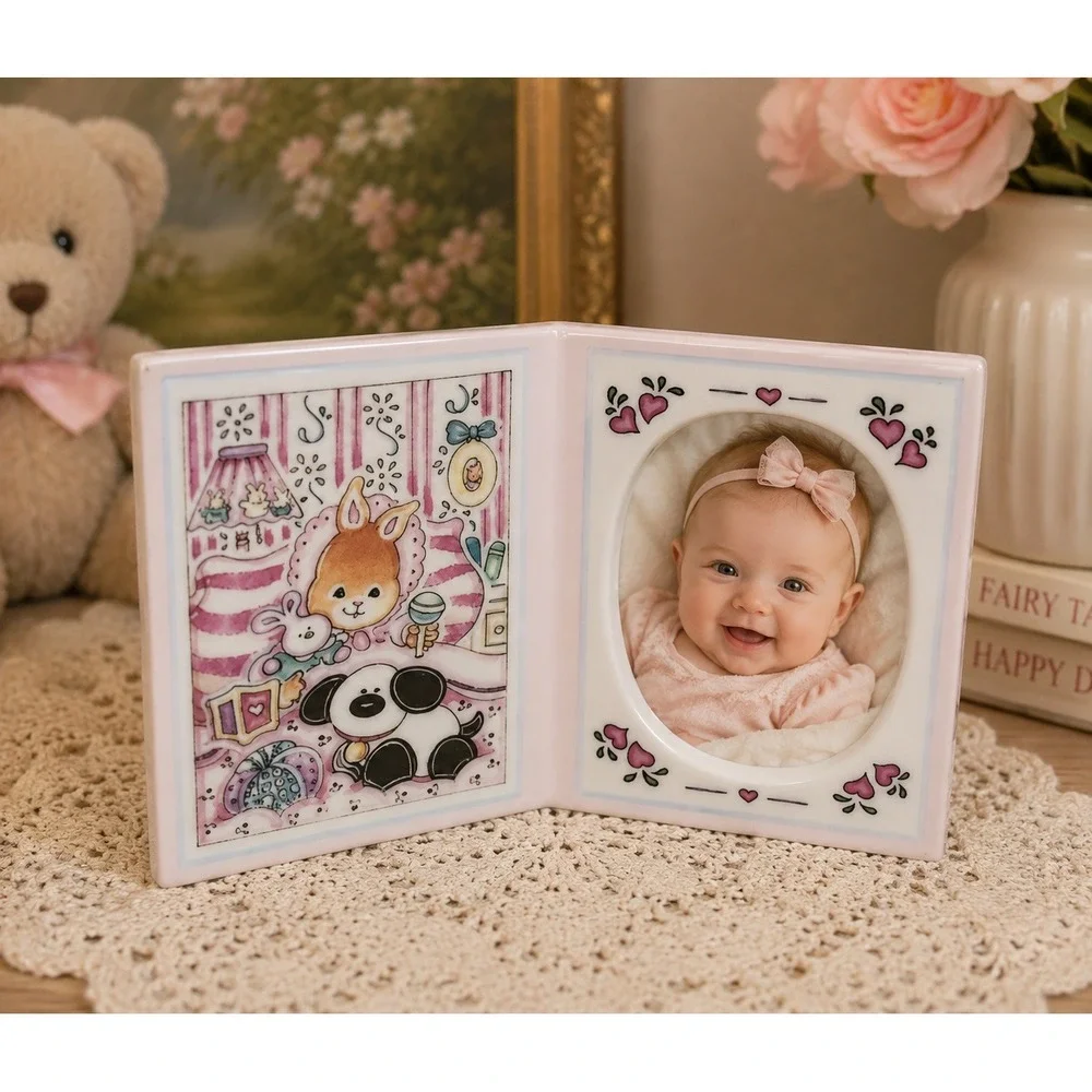 Vintage 1993 Roman Inc Ceramic Folding Picture Frame Bunny‎ Panda Nursery Pink